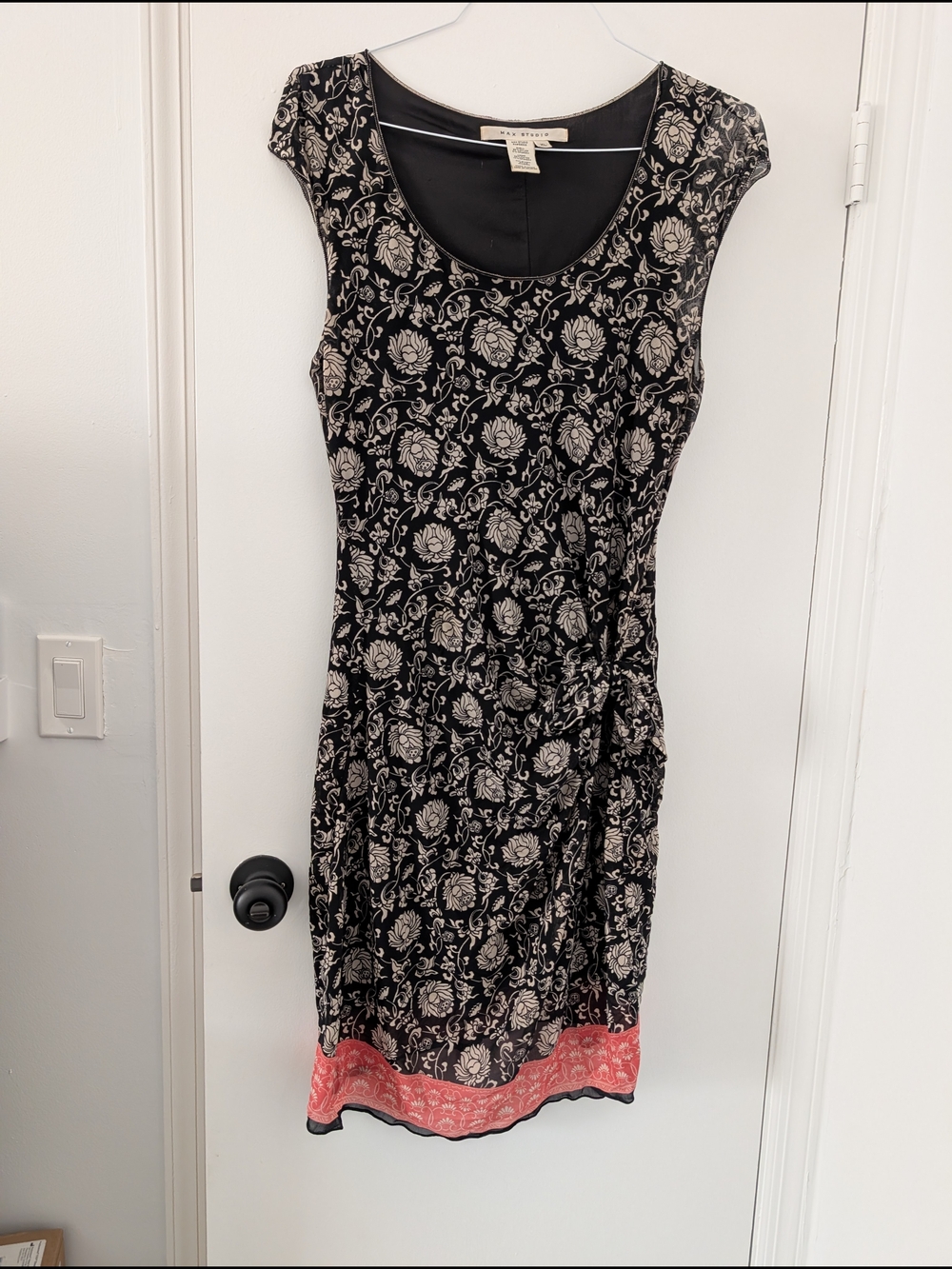Max Studio Black Floral Cap-Sleeve Dress with Coral Hem